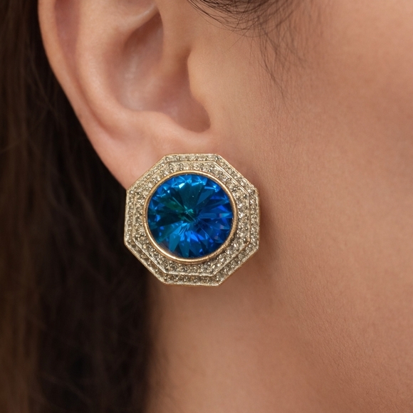 St. John Jewelry - Vintage St. John Blue and Silver Octagon Clip On Earrings